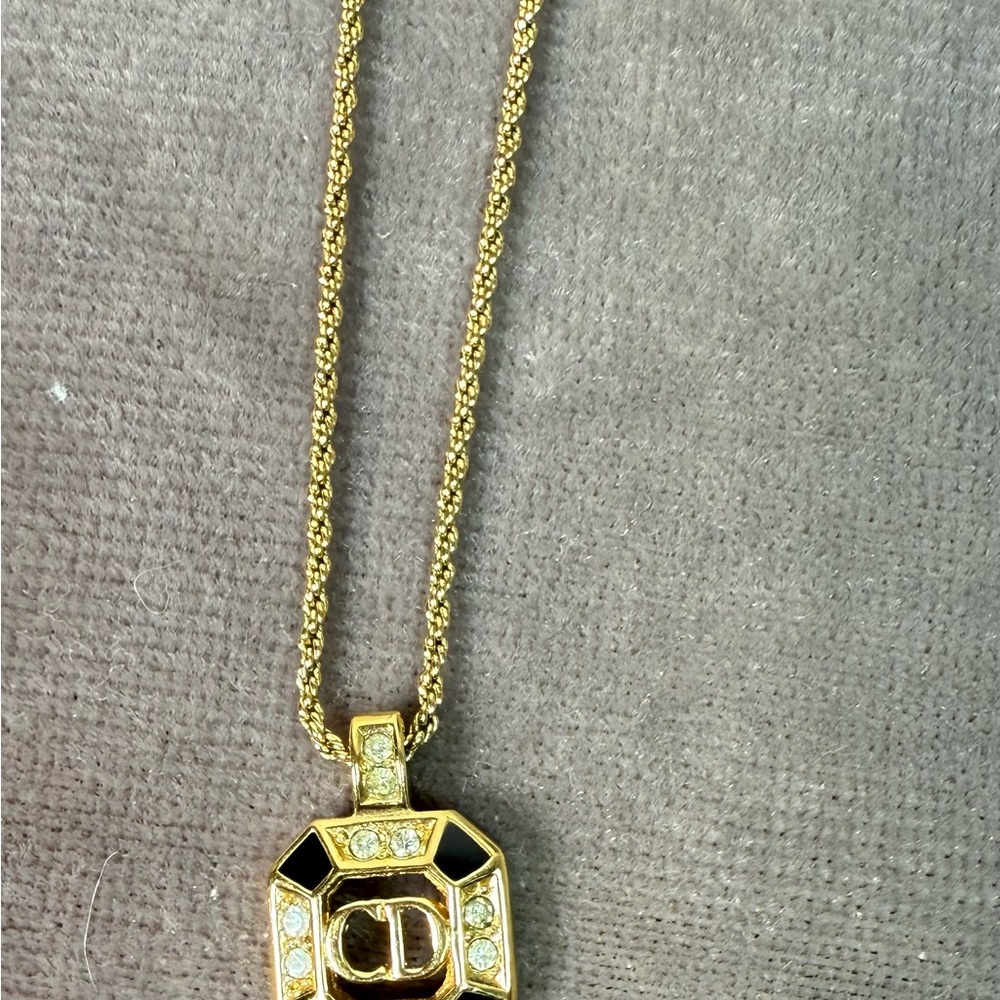 Christian Dior Necklace CD Logo Rhinestone Gold W15xH20mm Square Motif Black - Picture 8 of 11